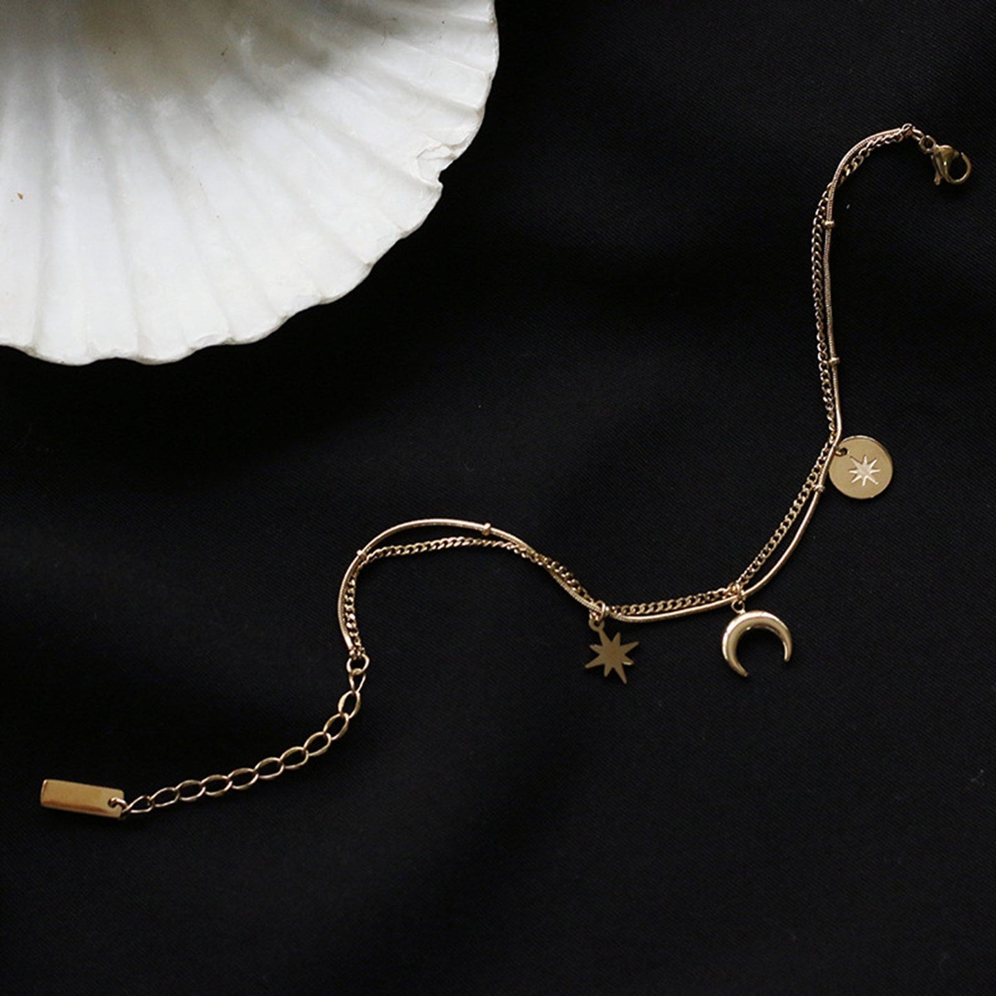 Star Moon Triple Chain Gold Layering Necklaces Bracelets