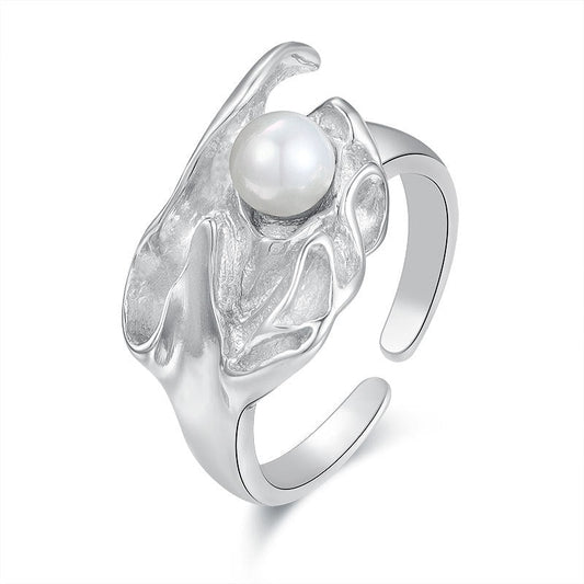 Modern Design Pearl Adjustable Open Ring Sterling Silver S925 18K Gold Plated - Pantsnsox